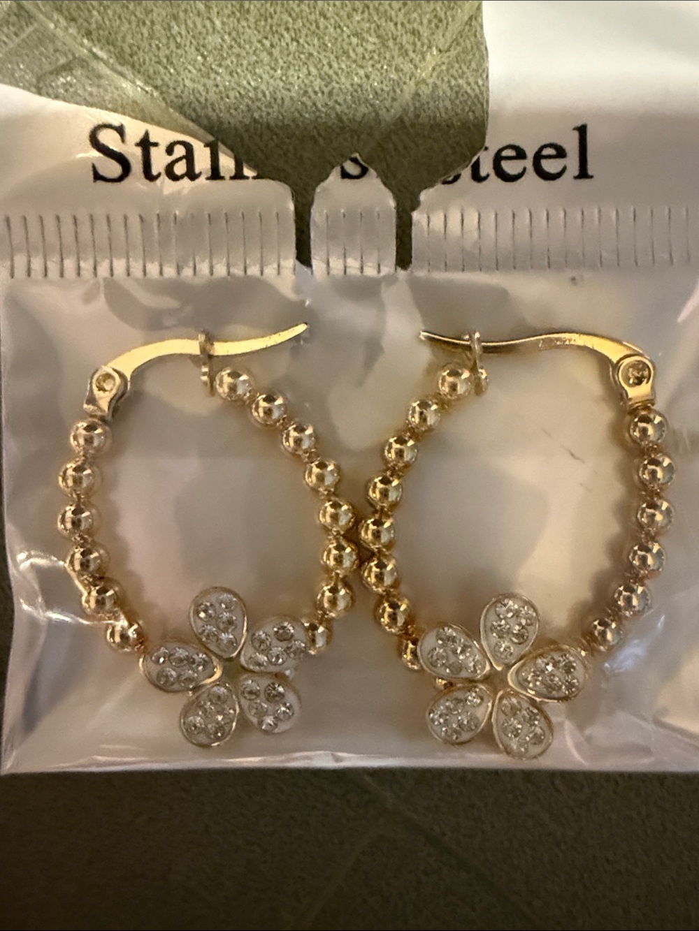 Source Unknown Gold Beaded Hoop Earrings with Crystal Flower Charms